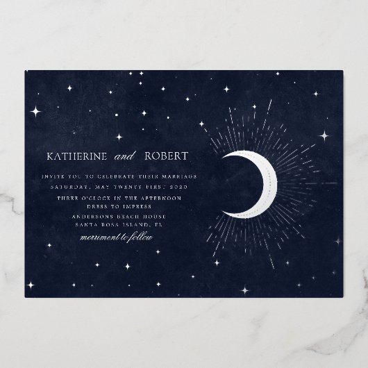 hemelse blauwe zilveren sterren Weddenschap Folie Uitnodiging (Voorkant)