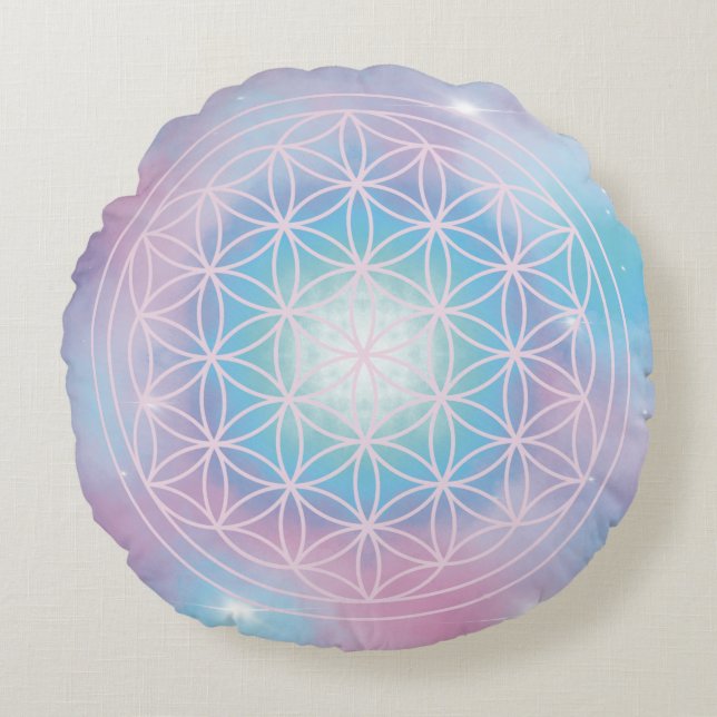 Hemelse Bloei - Heilige Geometrie Bloem des Levens Rond Kussen (Voorkant)