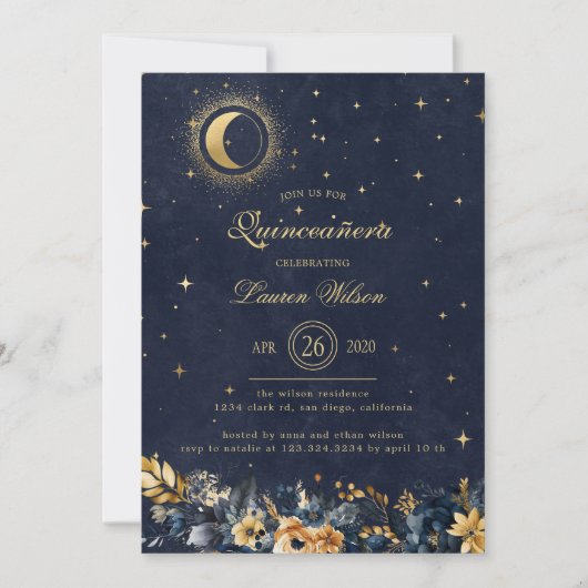 Hemelse Bloemen Blauw Goud Sterren Quinceanera Kaart (Voorkant)