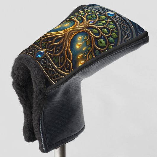 Hemelse Boom van Licht Keltische Gouden Levensboom Golfheadcover (3/4 voorkant)
