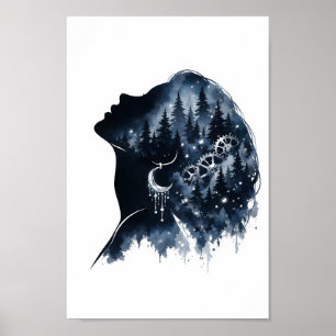 Hemelse Bosvrouw Silhouet Waterverf Kunst Poster