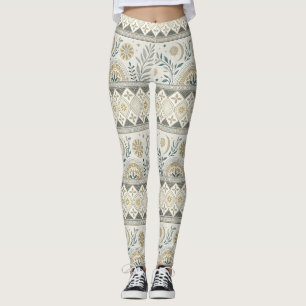 Hemelse Botanische Volkskunst Naadloos Patroon Leggings