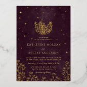 Hemelse Bourgondische gouden maan en sterren bruil Folie Uitnodiging (Voorkant)