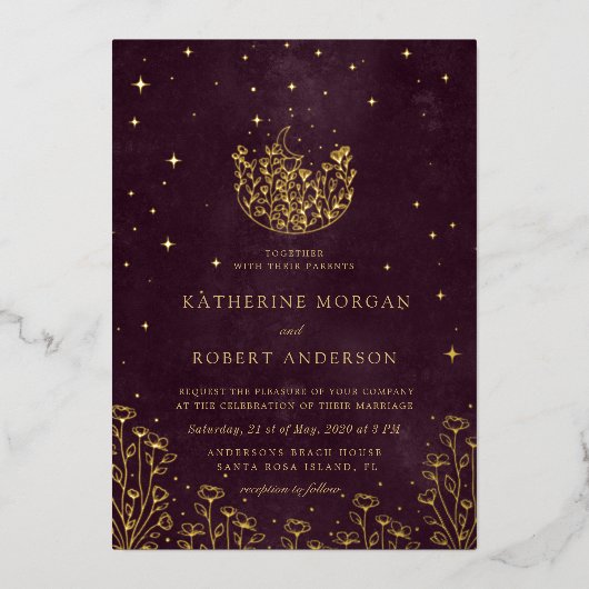 Hemelse Bourgondische gouden maan en sterren bruil Folie Uitnodiging (Voorkant)