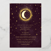 Hemelse Bourgondische gouden maan en sterren bruil Folie Uitnodiging (Voorkant)