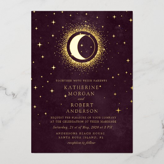 Hemelse Bourgondische gouden maan en sterren bruil Folie Uitnodiging (Voorkant)