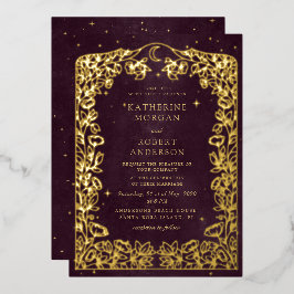 Hemelse Bourgondische gouden maan en sterren bruil Folie Uitnodiging