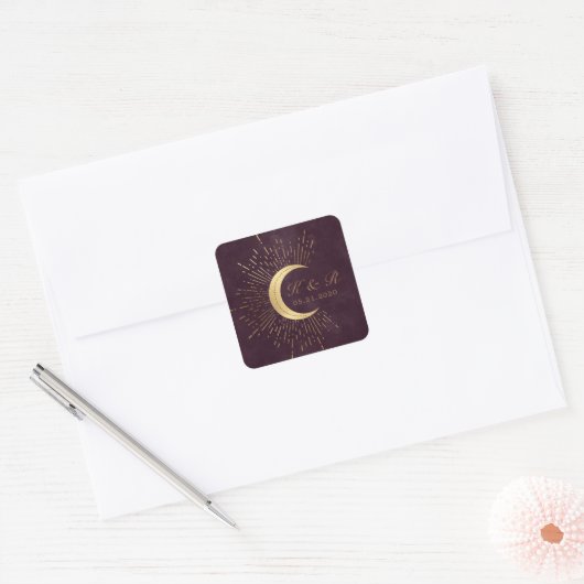 Hemelse Bourgondische gouden maan en sterren bruil Vierkante Sticker (Envelop)