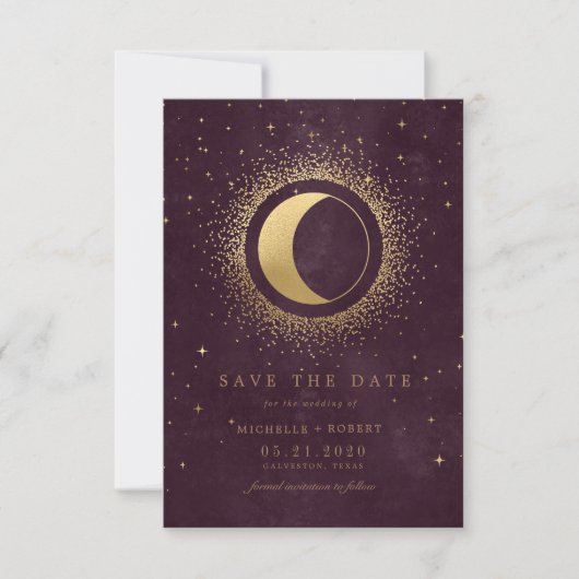 Hemelse Bourgondische Gouden Maan Save The Date Kaart (Voorkant)