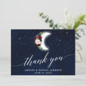 Hemelse bruiloft maan sterren bloemenkalligrafie bedankkaart (Staand voorkant)