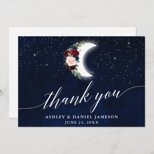 Hemelse bruiloft maan sterren bloemenkalligrafie bedankkaart (Voorkant / Achterkant)