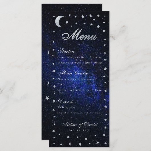 Hemelse bruiloft Menu Maan en sterren Kalligrafie (Voorkant / Achterkant)