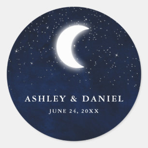 Hemelse bruiloft Waterverf Blue Sky Moon Stars Ronde Sticker
