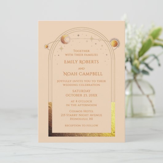 Hemelse Champagne Goud Elegante Fotobruiloft Kaart (Staand voorkant)