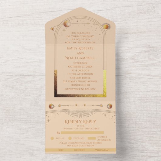 Hemelse Champagne Gouden Zon Maan Sterren Huwelijk All In One Uitnodiging (Binnen)