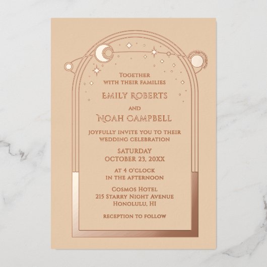 Hemelse Champagne Gouden Zon Maan Sterren Huwelijk Folie Uitnodiging (Voorkant)