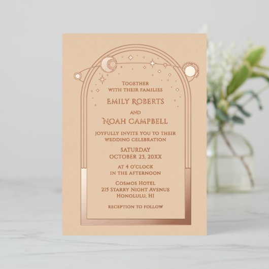 Hemelse Champagne Gouden Zon Maan Sterren Huwelijk Folie Uitnodiging (Staand Voorkant)