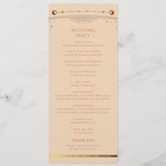 Hemelse Champagne Gouden Zon Maan Sterren Huwelijk Programmakaart (Achterkant)