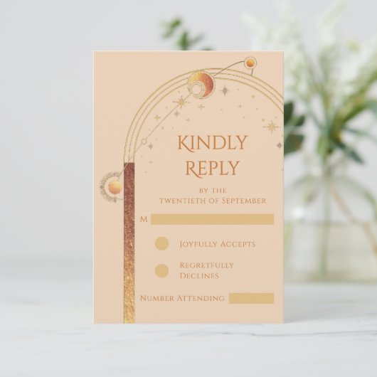 Hemelse Champagne Gouden Zon Maan Sterren Huwelijk RSVP Kaartje (Staand voorkant)