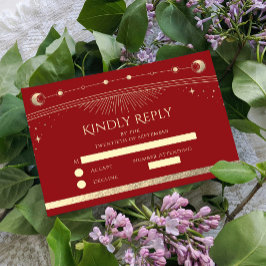 Hemelse Donkerrode Gouden Zon Maan Sterren Huwelij RSVP Kaartje