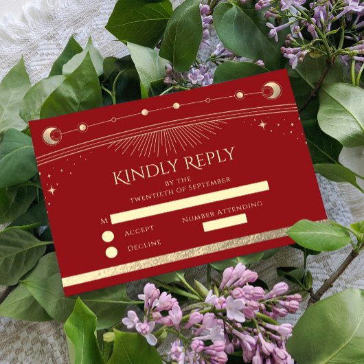 Hemelse Donkerrode Gouden Zon Maan Sterren Huwelij RSVP Kaartje