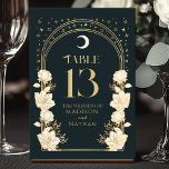 Hemelse Elegante Arch Art Nouveau bruiloft Kaart<br><div class="desc">Verhoog uw evenement met elegantie! Deze Art Nouveau tafelkaarten hebben gouden bogen, glinsterende sterren en delicate witte bloemen tegen een diep blauwe achtergrond - een tijdloos ontwerp voor bruiloften, diners of vieringen. Voeg vandaag nog een vleugje charme toe aan uw tafeldecor! Houd er rekening mee dat het goud op dit...</div>