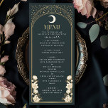 Hemelse Elegante Arch Art Nouveau bruiloft Menu<br><div class="desc">Verhoog uw evenement met ons op Art Nouveau geïnspireerde menu! Met een stralende gouden boog, glinsterende sterren en delicate witte bloemen tegen een diepblauwe achtergrond, voegt dit ontwerp tijdloze elegantie toe aan uw tafel. Het is perfect voor bruiloften, gala's en chique bijeenkomsten! Houd er rekening mee dat het goud op...</div>