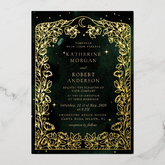 Hemelse Emerald Gold Moon Foliage Wedding Folie Uitnodiging (Voorkant)