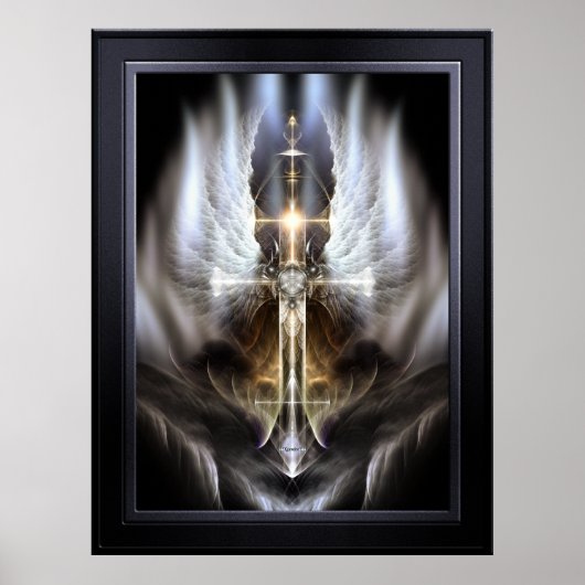 Hemelse Engelvleugel Kruis Zwarte Fractale Kunst Poster (Voorkant)