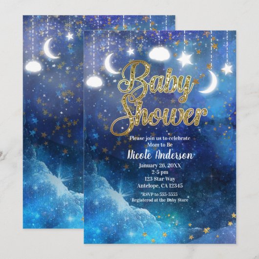 Hemelse Fantasy Gouden Sterren & Glow Baby Shower Kaart (Voorkant / Achterkant)