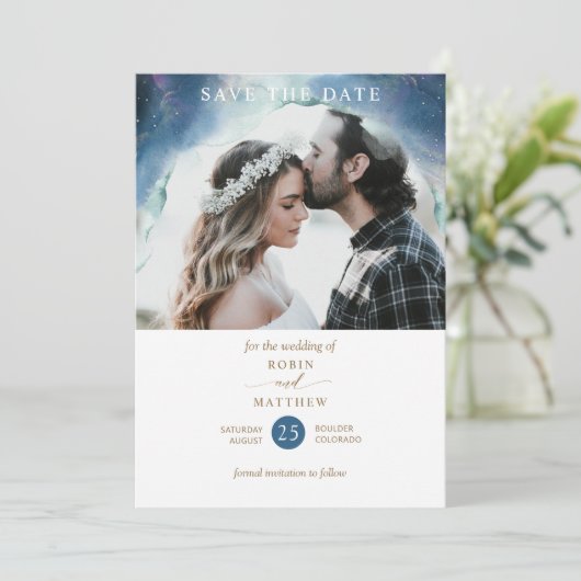 Hemelse foto overlay, Mystic Garden bruiloft Save The Date (Staand voorkant)