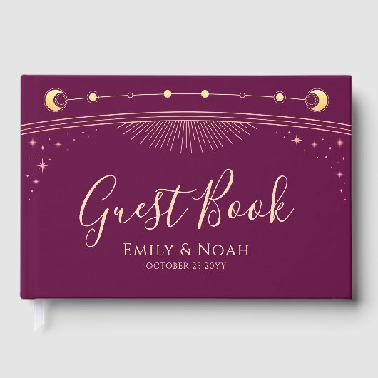 Hemelse Fuchsia Gouden Zon Maan Sterren Huwelijk Gastenboek (Voorkant)