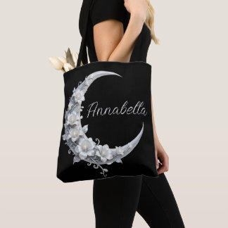 Hemelse gepersonaliseerde maangodinnaam op zwart tote bag