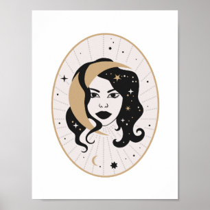 Hemelse Godin Maan Gezicht Magische Sterren Mystie Poster