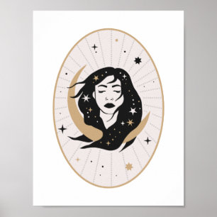 Hemelse Godin met Stromend Haar Maan Mystieke Kuns Poster
