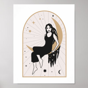 Hemelse Godin zittend op Maan Magie Mystieke Kunst Poster