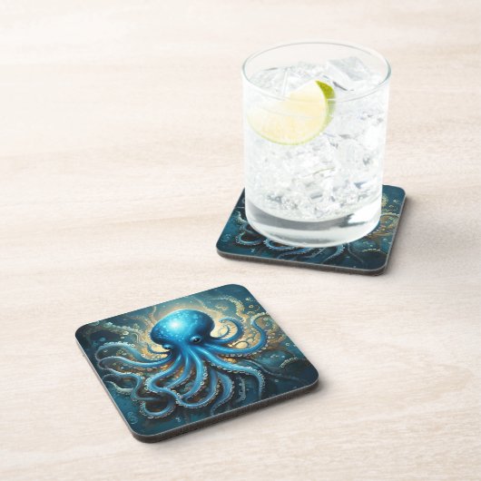 Hemelse Golven: De Blauwe Octopus Fractale Kunst Bier Onderzetter (Rechterzijde)