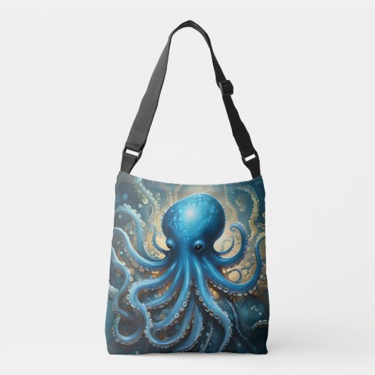 Hemelse Golven: De Blauwe Octopus Fractale Kunst Crossbody Tas (Voorkant)