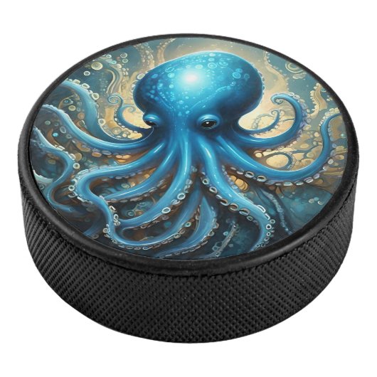 Hemelse Golven: De Blauwe Octopus Fractale Kunst Hockey Puck (3/4)