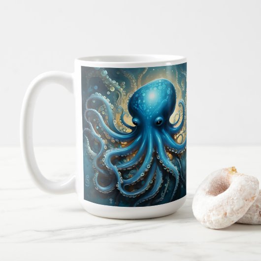 Hemelse Golven: De Blauwe Octopus Fractale Kunst Koffiemok (Met donut)