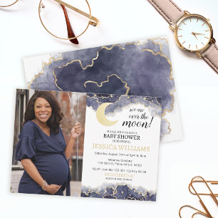 Hemelse gouden maan babyshower foto uitnodiging