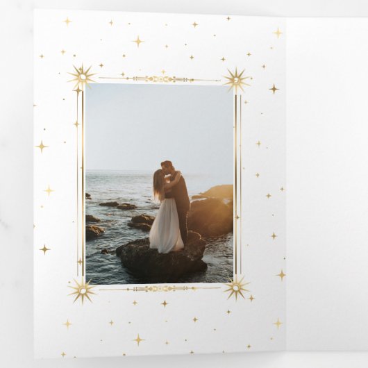 hemelse gouden maan drilvoudig bruiloft uitnodigin drieluik uitnodiging (Binnenzijde eerst)