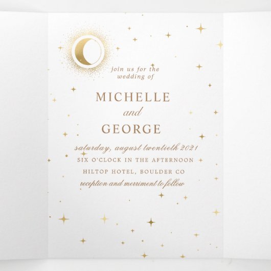 hemelse gouden maan drilvoudig bruiloft uitnodigin drieluik uitnodiging (Binnenkant midden)