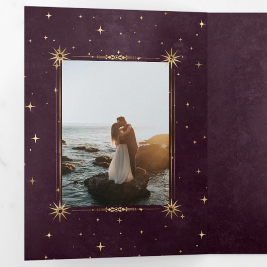 hemelse gouden maan drilvoudig bruiloft uitnodigin drieluik uitnodiging (Binnenzijde eerst)