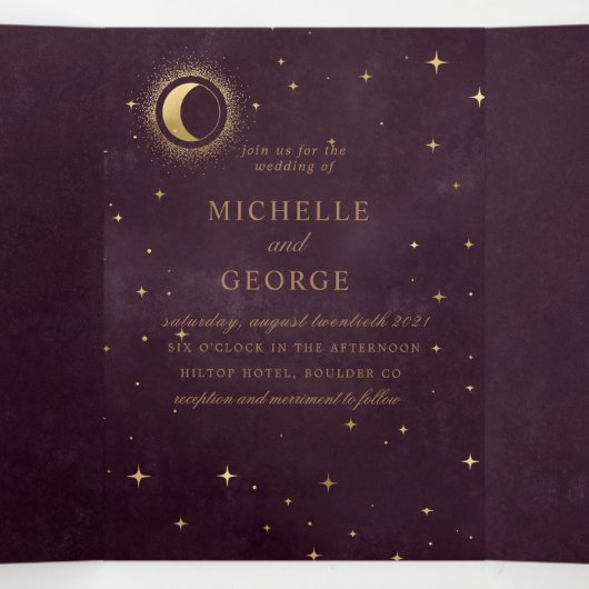 hemelse gouden maan drilvoudig bruiloft uitnodigin drieluik uitnodiging (Binnenkant midden)