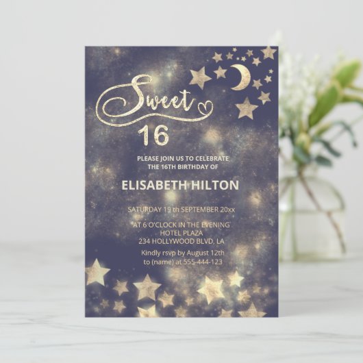 Hemelse gouden maan en sterren zoete zestien kaart (Staand voorkant)