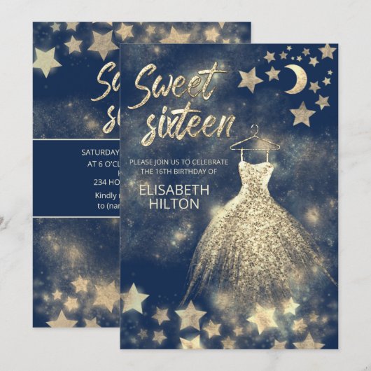 Hemelse gouden maan en sterren zoete zestien kaart (Voorkant / Achterkant)