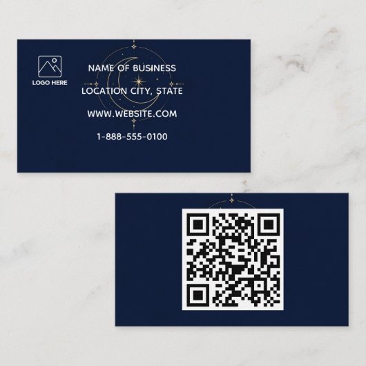 Hemelse Gouden Maan Navy QR Code Zakelijke Kaart Visitekaartje (Voorkant / Achterkant)