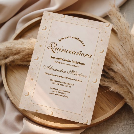 Hemelse Gouden Maan Quinceañera Kaart
