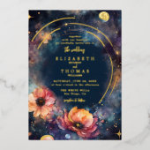 Hemelse Gouden Maan Sterren Floral Elegant Huwelij Folie Uitnodiging (Voorkant)